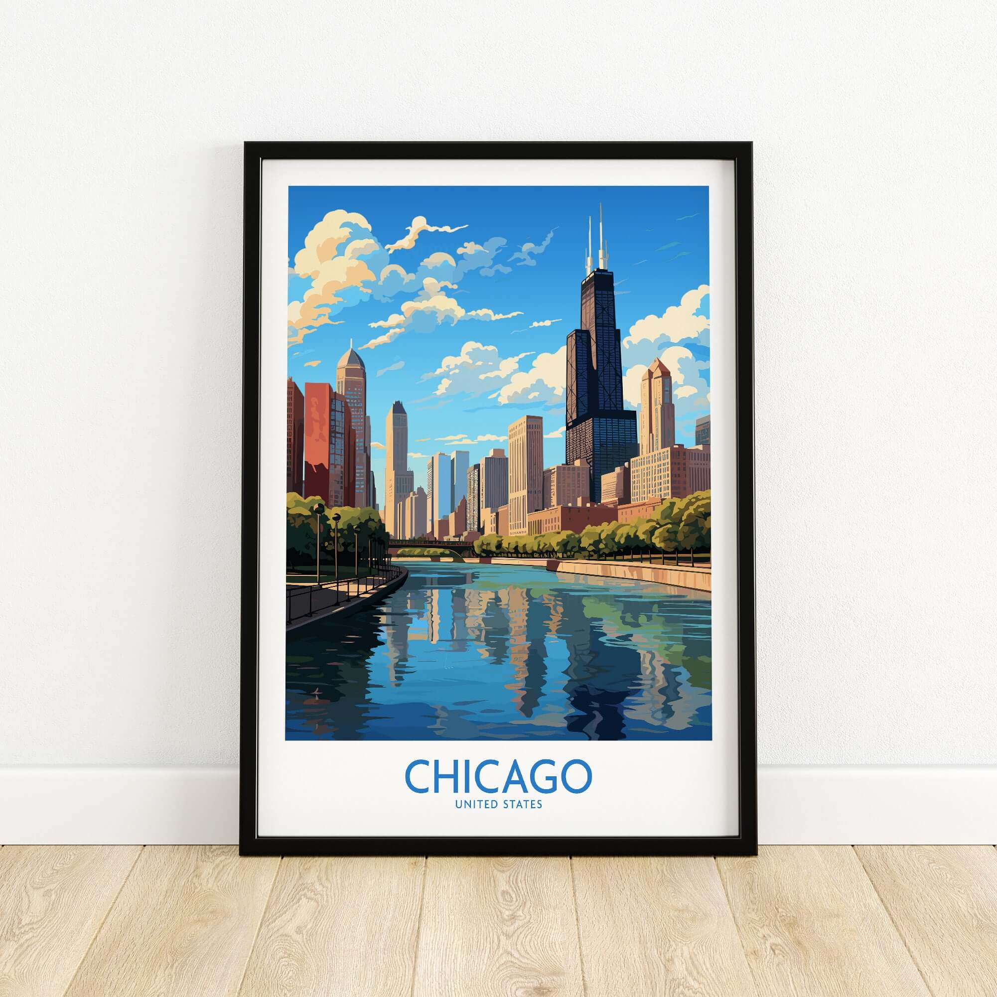 Vibrant Chicago wall art print showcasing the city skyline and river, perfect for adding personality to any home decor.