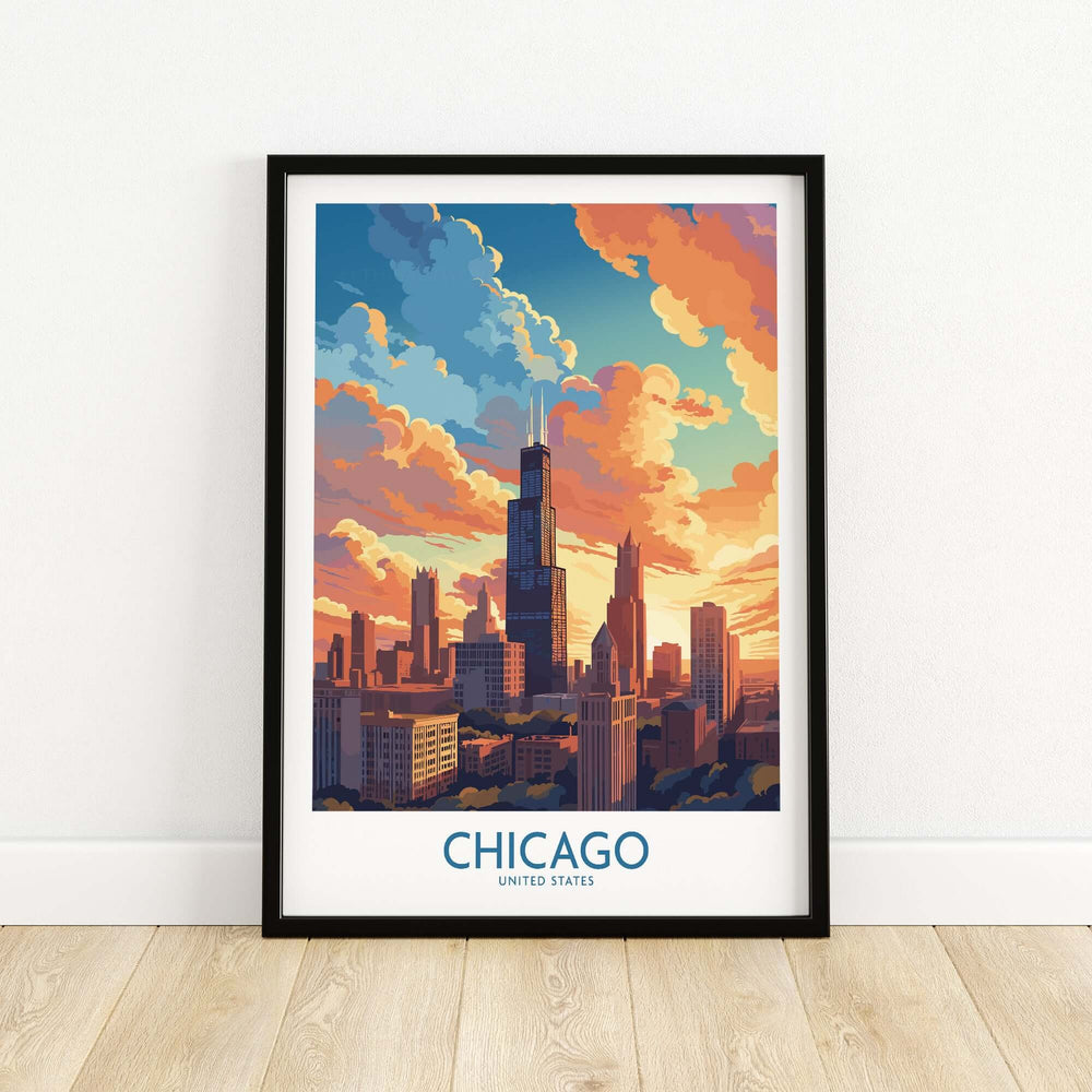 Chicago travel poster showcasing a vibrant sunset over the city skyline, perfect for home decor and gift giving.