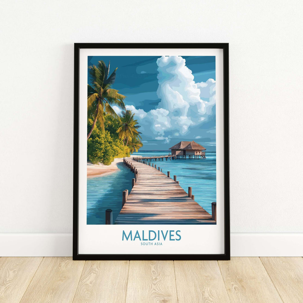 Maldives Wall Art Print - Beach featuring a tropical scene with a wooden walkway over the water and lush palm trees.