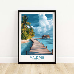 Maldives Wall Art Print - Beach featuring a tropical pier and stunning ocean view with palm trees.