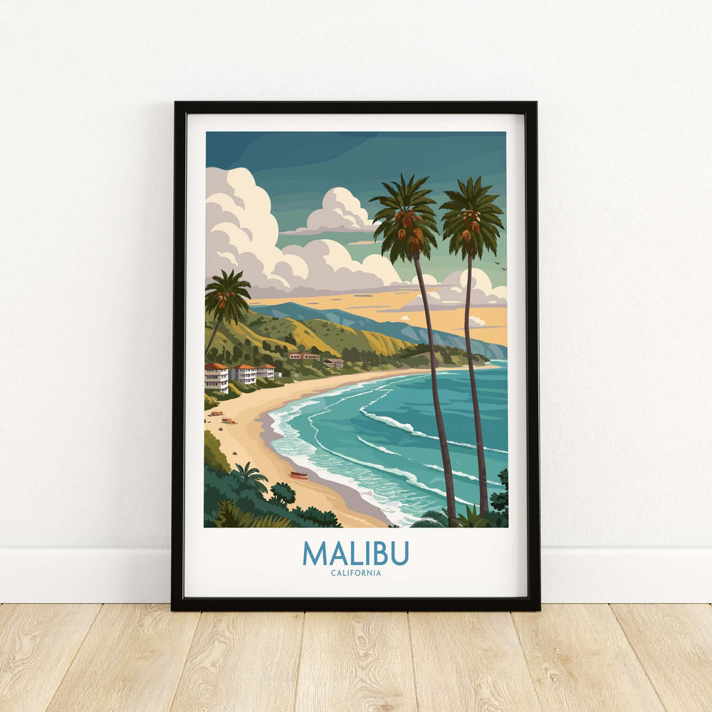 Malibu California beach poster featuring palm trees and ocean views, ideal for beach lovers and home decor.