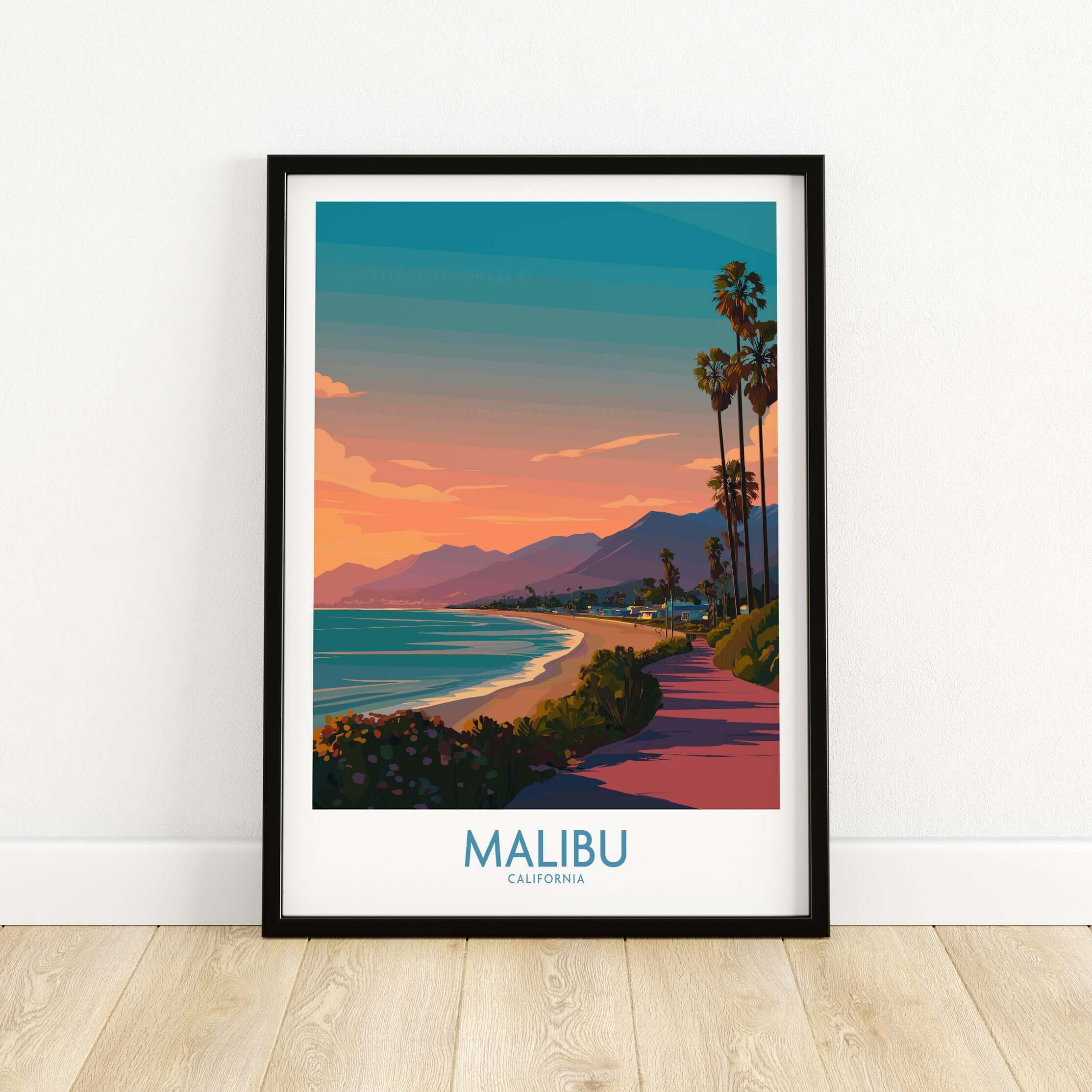 Malibu Poster California - California Beach Sunset Print featuring vibrant coastal views and serene sunset colors.