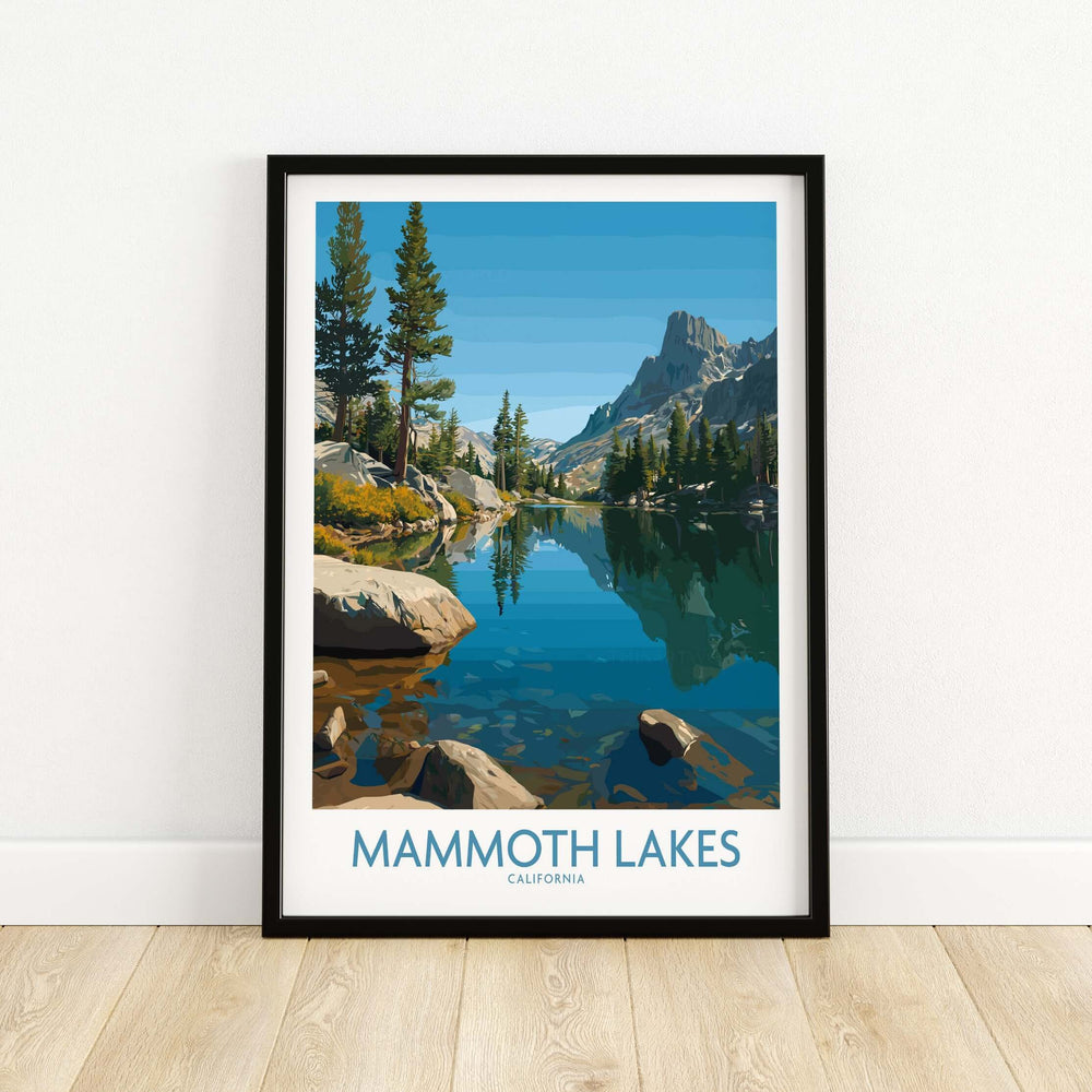 Mammoth Lakes California wall art print featuring mountains and serene lake, perfect for nature lovers.