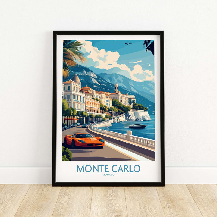 Monte Carlo wall art featuring a scenic view of Monaco with a sports car and coastal landscape.
