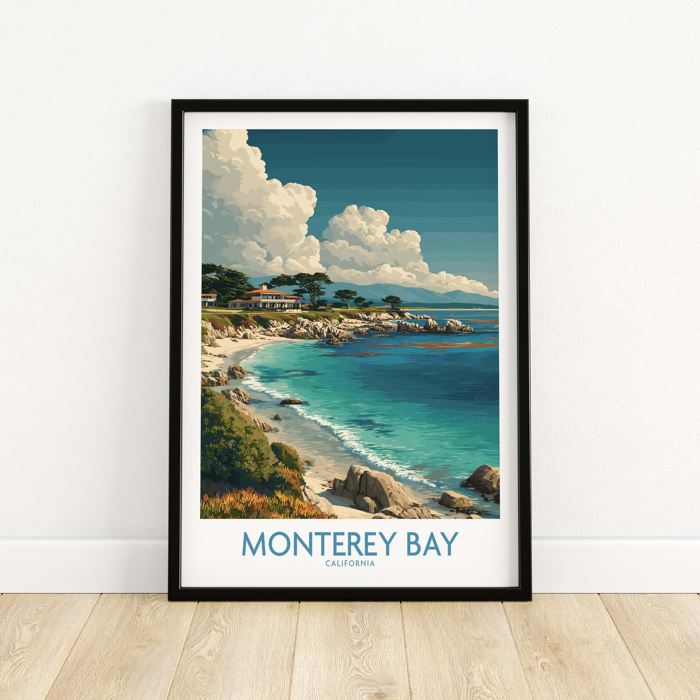 Monterey Bay California Poster - California Travel Print showcasing beautiful coastal views.