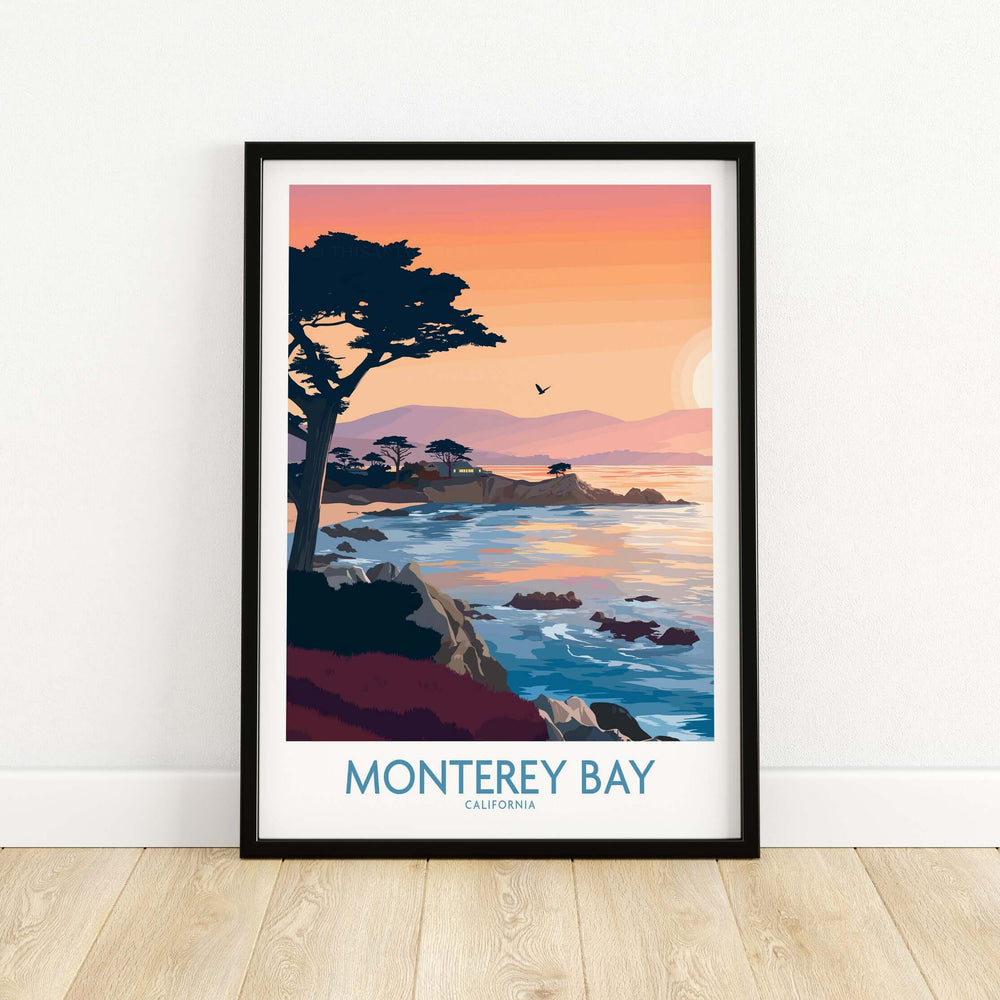 Monterey Bay California sunset coastline poster with cypress trees, showcasing serene ocean views and warm hues.