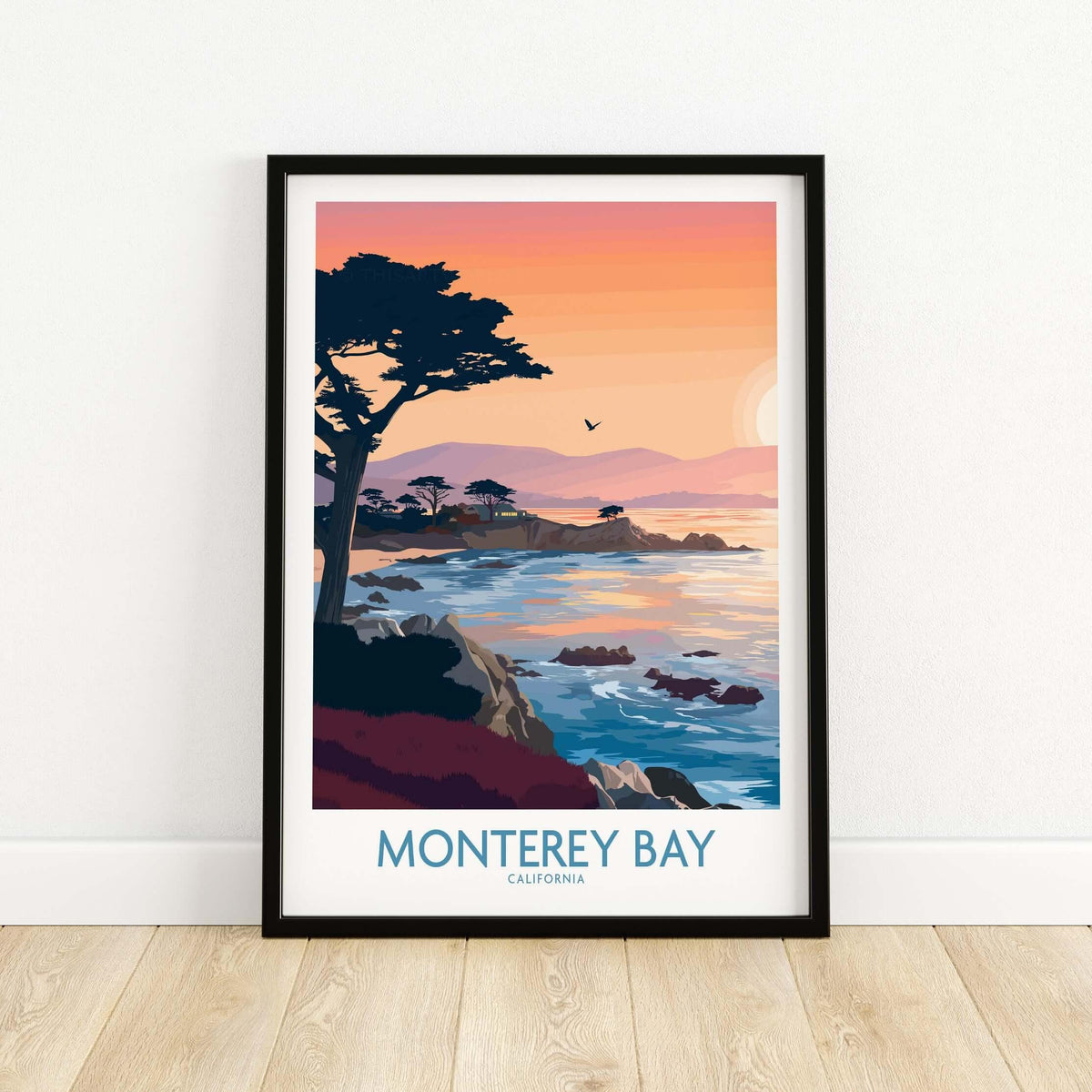 Monterey Bay California Sunset Coastline Poster - Cypress Tree Wall Art showcasing vibrant coastal scenery at sunset.