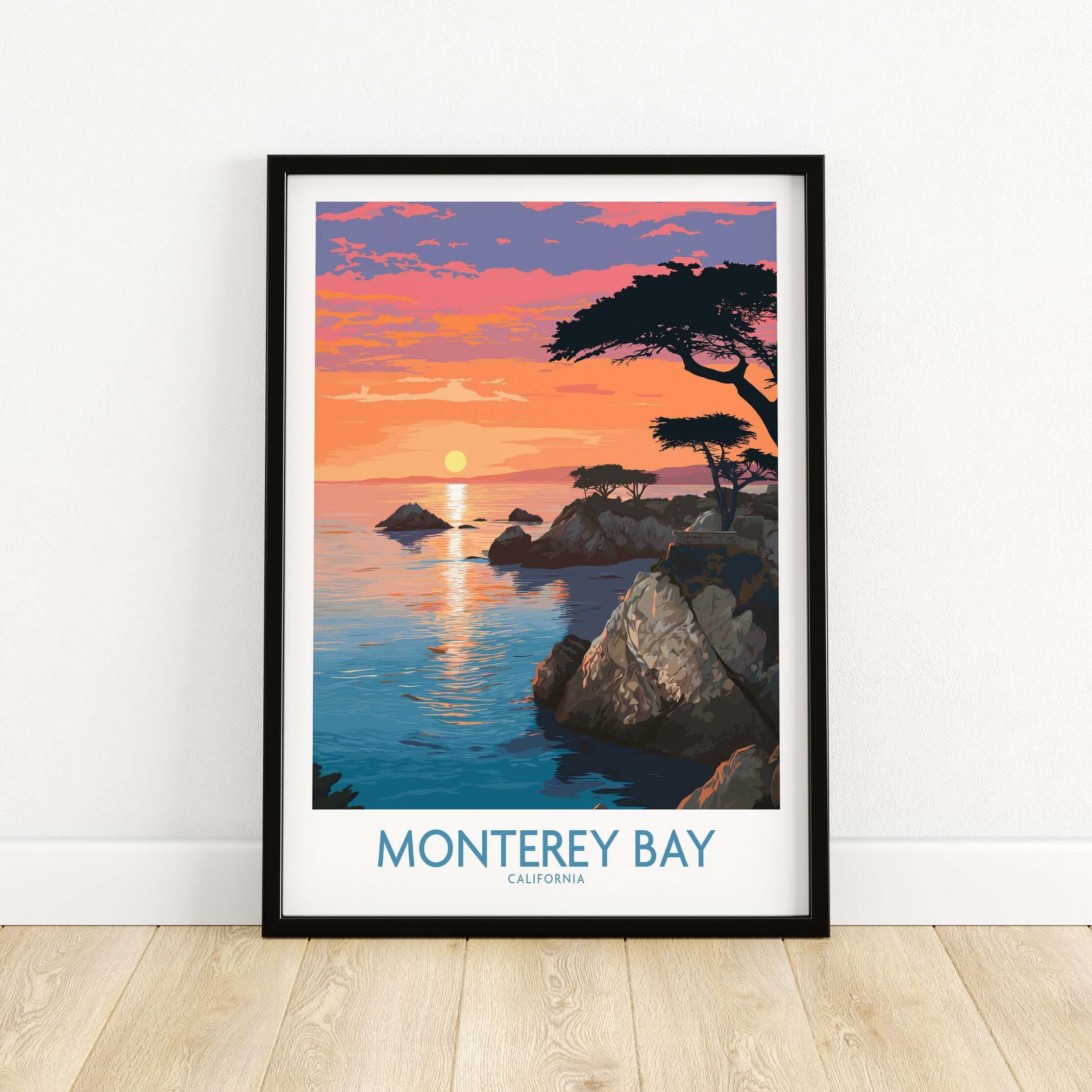 Monterey Bay Poster California Coastal Decor showcasing a vibrant sunset over the ocean and rugged cliffs.