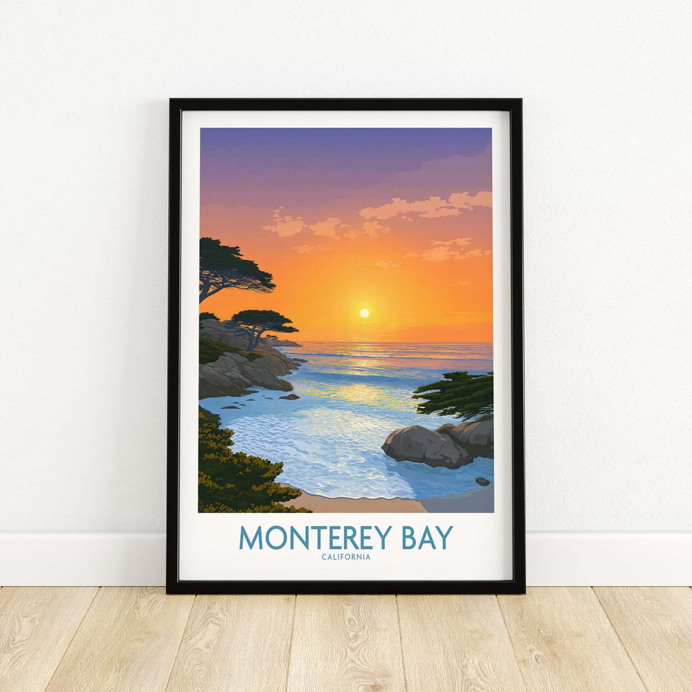 Monterey Bay California beach poster with vibrant sunset and coastal view, perfect for home decor.