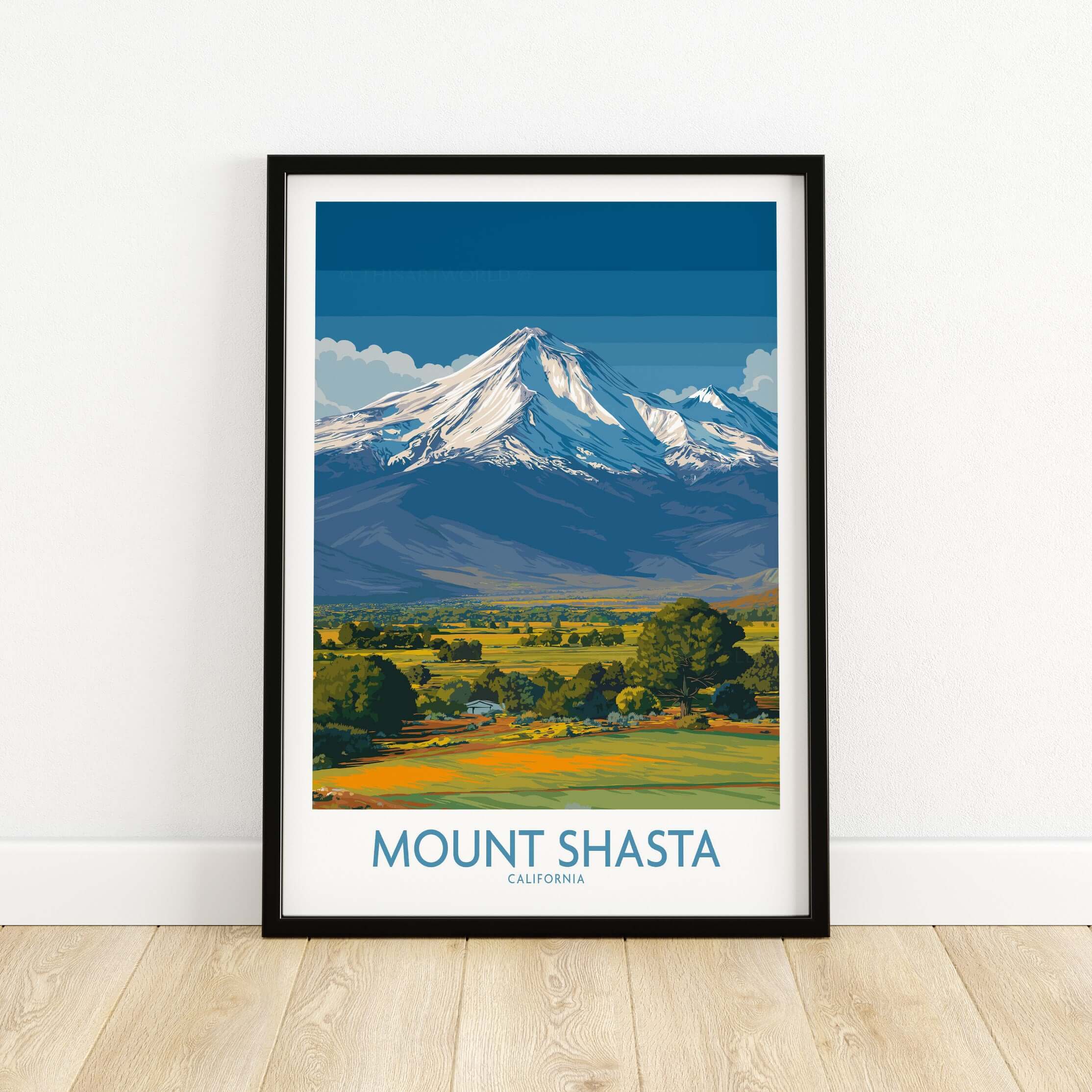 Mount Shasta California Poster featuring the majestic snowy peak and lush landscapes.