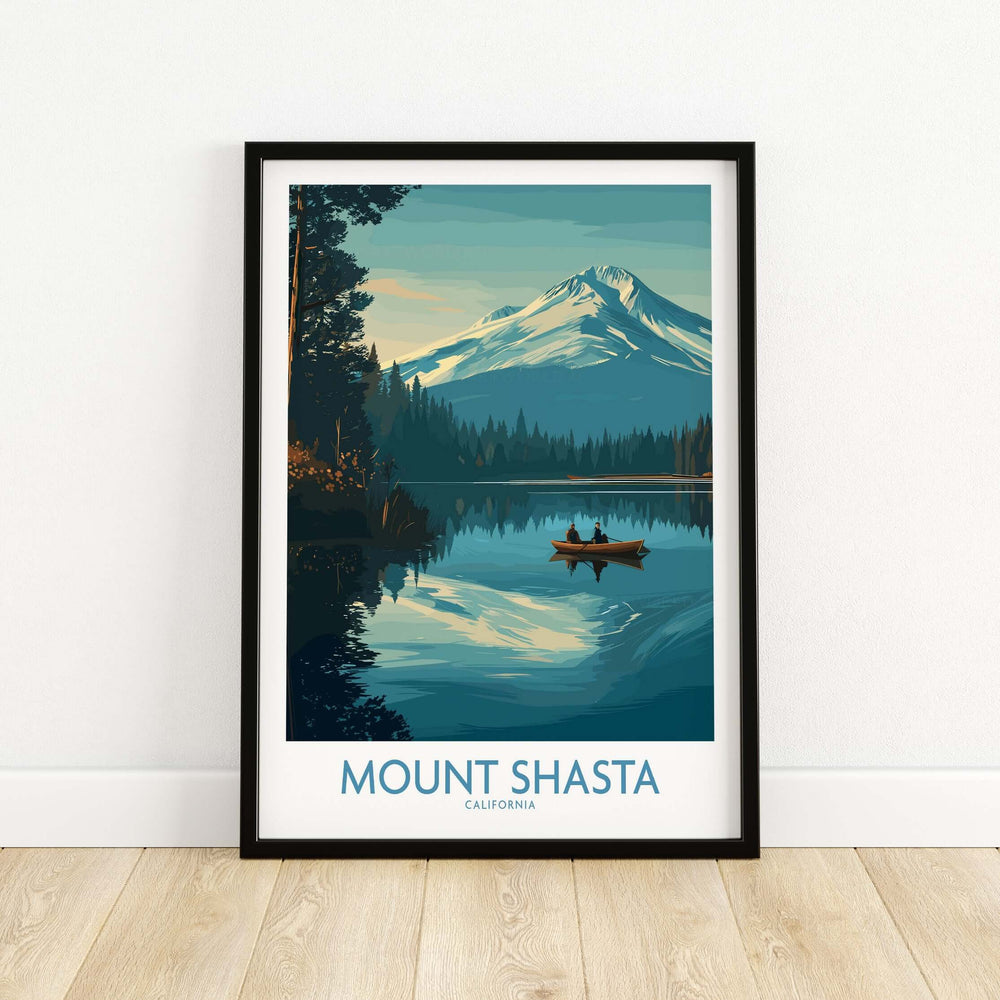 Mount Shasta poster featuring a serene landscape with a lake, mountains, and a canoe, perfect for nature enthusiasts.