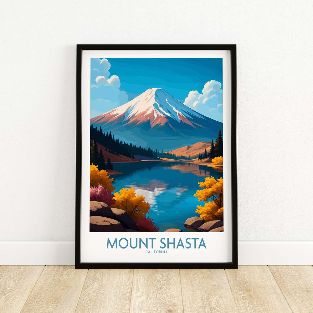 Mount Shasta wall art featuring the majestic mountain and serene lake, perfect for California wilderness decor.