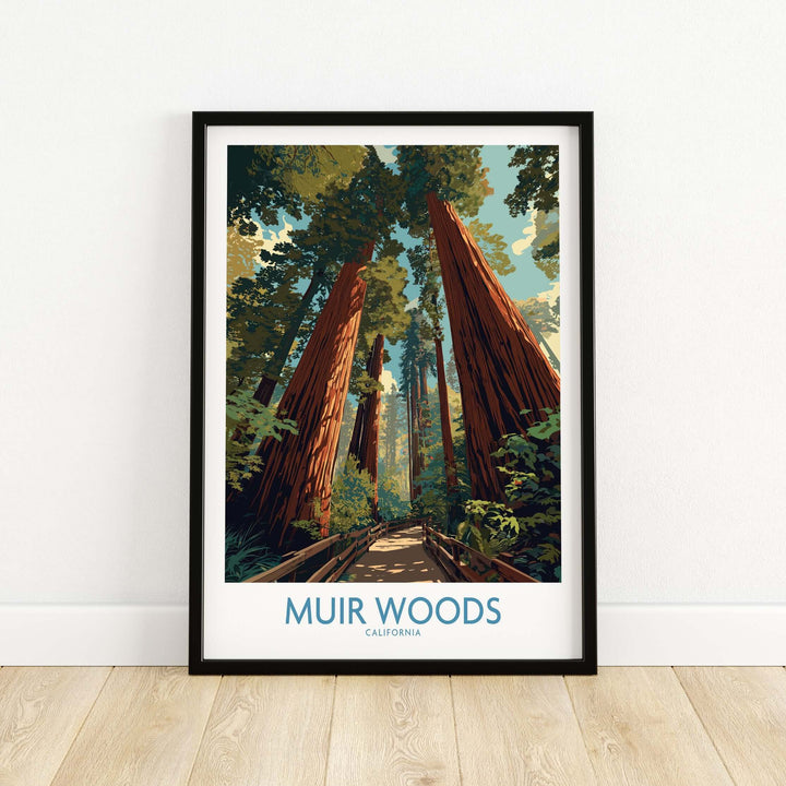 Muir Woods California National Monument poster featuring towering redwoods and serene forest landscape.