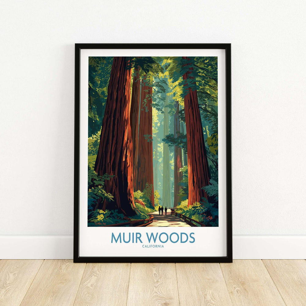 Muir Woods print showcasing towering redwoods and serene forest scenery, perfect for nature lovers.