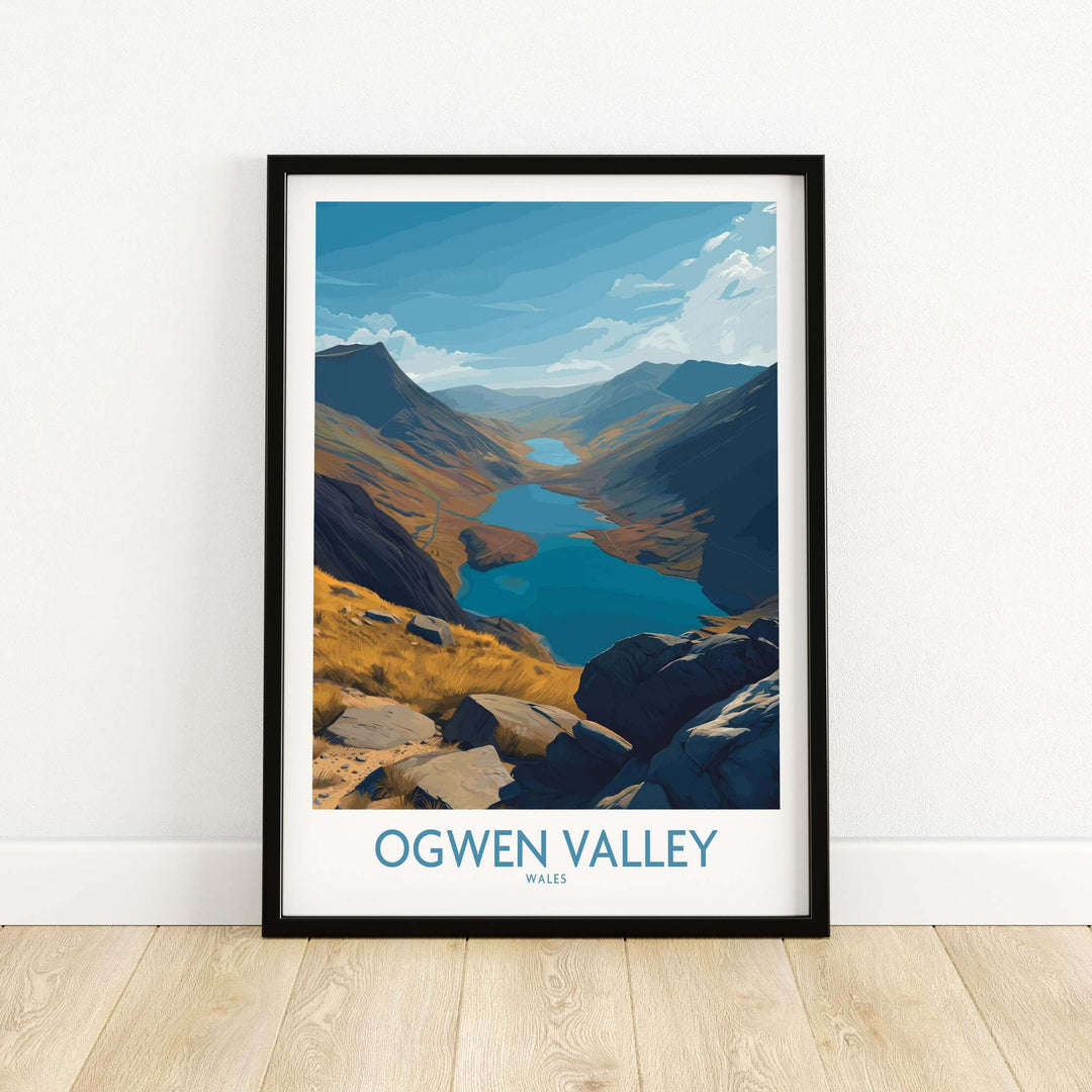 Ogwen Valley poster featuring blue lakes and peaks, representing Welsh wilderness decor for nature enthusiasts.