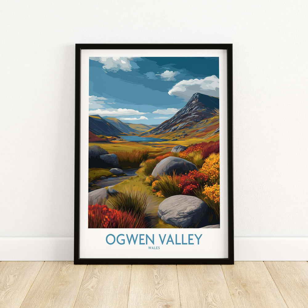Ogwen Valley wall art depicting rocky Welsh landscape with vibrant colors, perfect for nature decor.