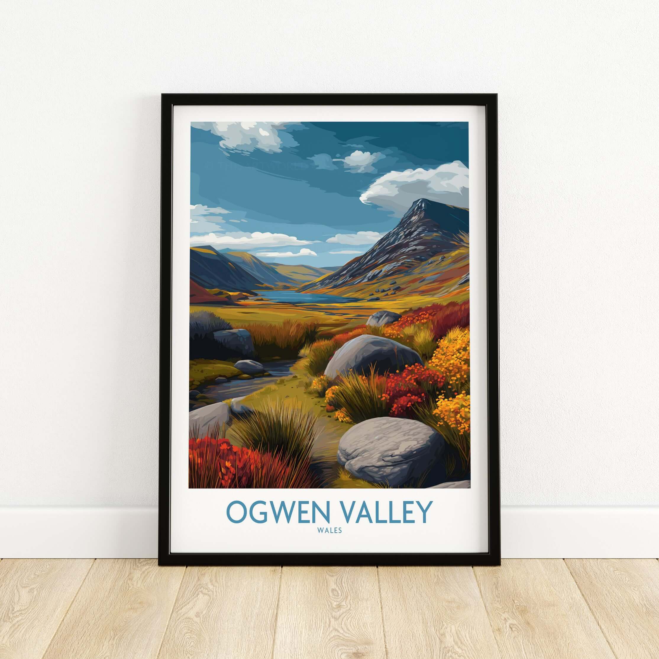 Ogwen Valley Wall Art Wales Rocky Valley - Welsh Nature Travel Decor in a stylish frame on a wall