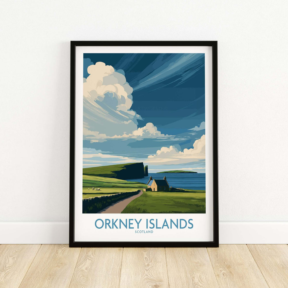 Orkney Islands wall art print featuring a scenic landscape of Scotland with vibrant skies and green hills.