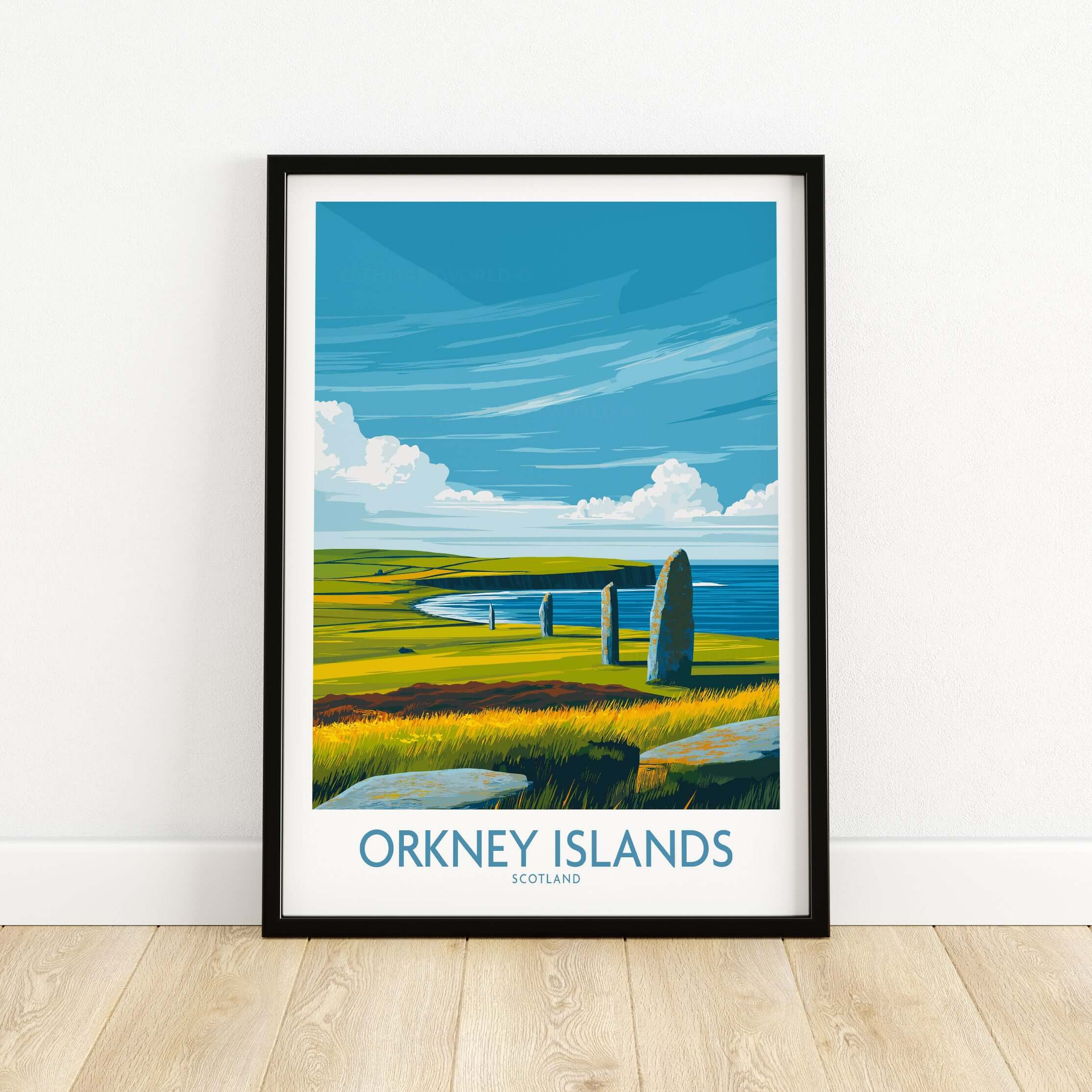 Orkney Islands Scotland Prehistoric Stones Poster - Scottish Travel Decor showcasing ancient stones and scenic landscape.