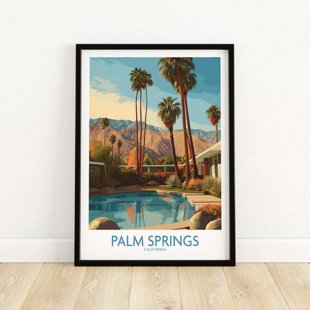 Colorful Palm Springs poolside mountain view print showcasing desert scenery and palm trees, ideal for California travel decor.