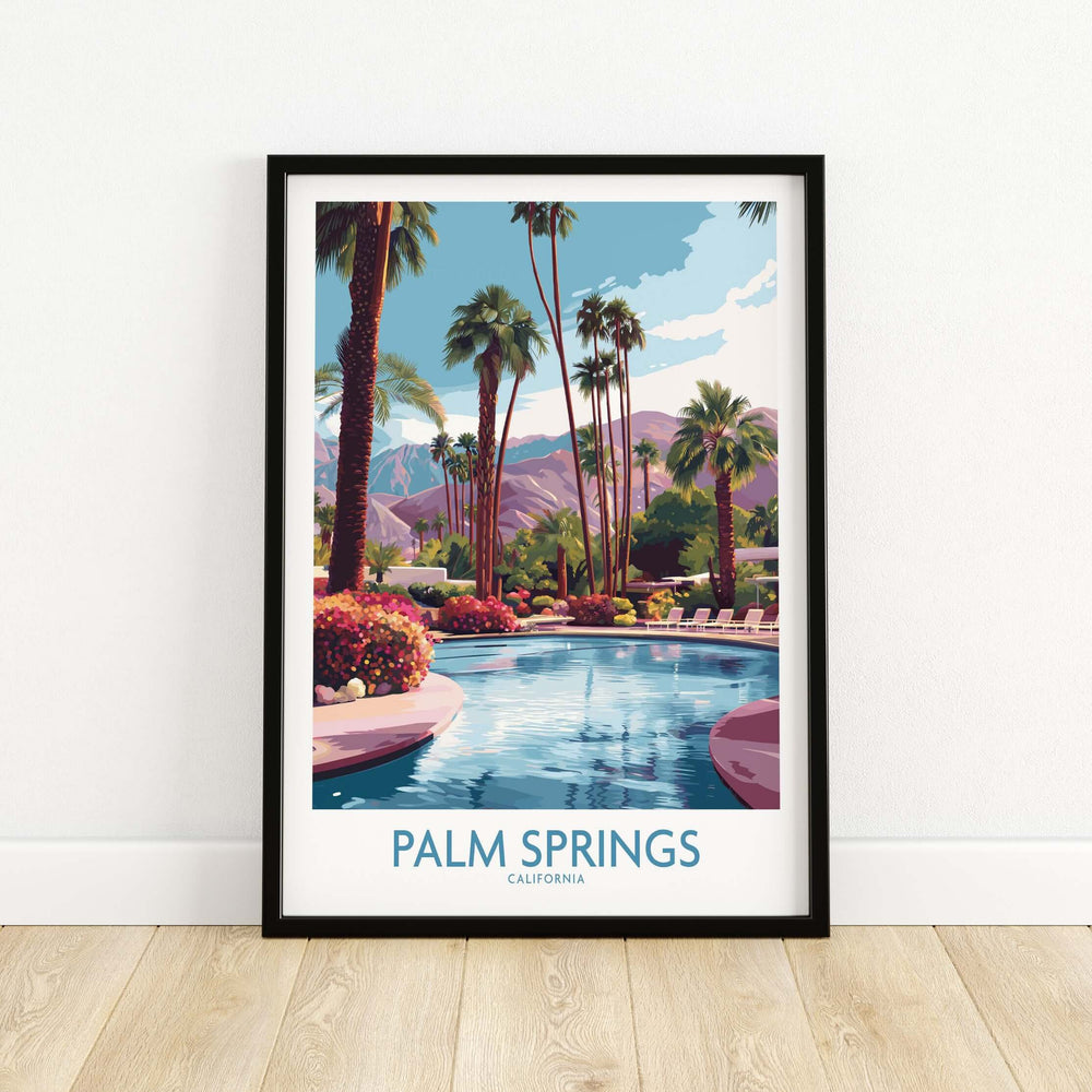 Palm Springs vibrant garden poster showcasing a pool and palm trees, perfect for California resort decor.
