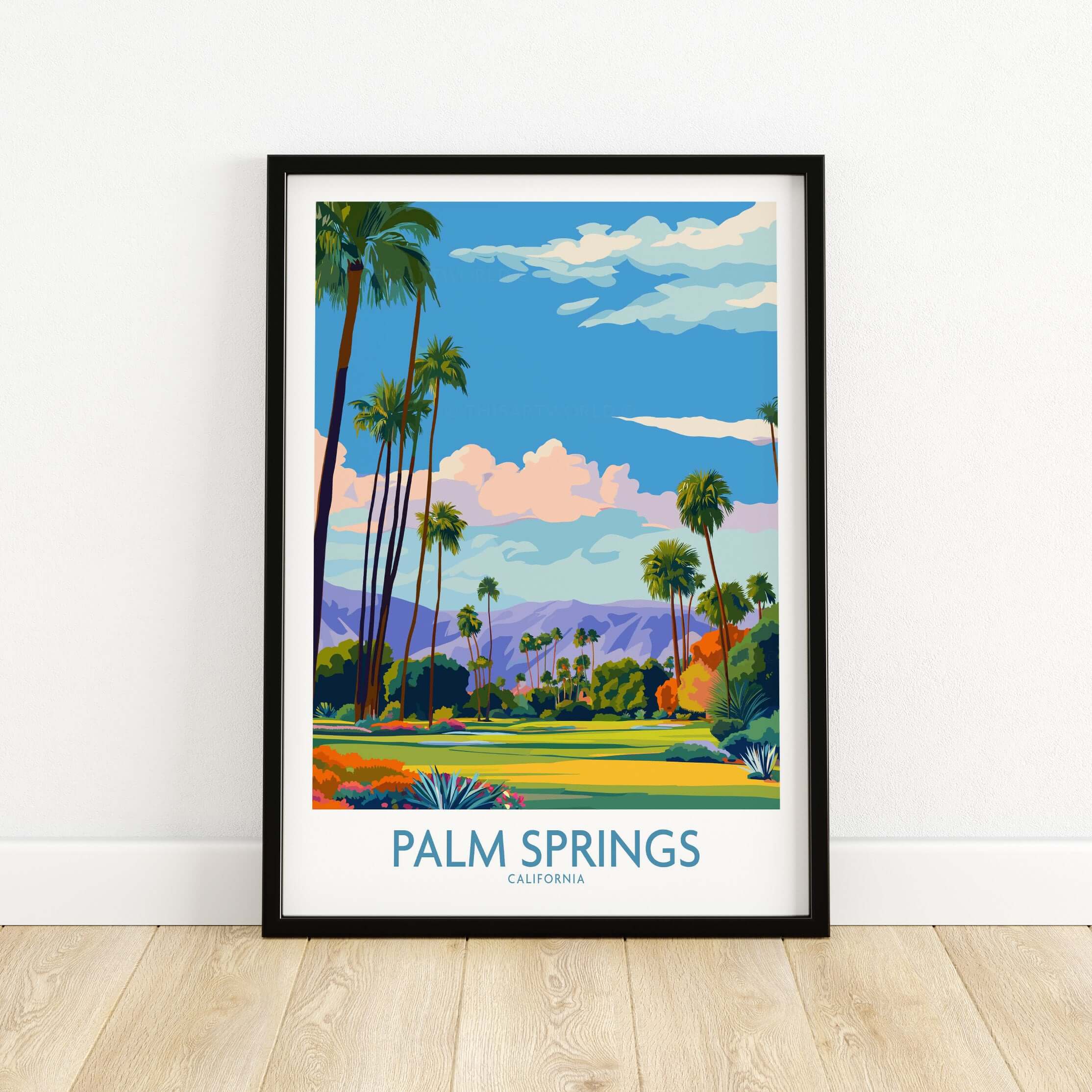 Palm Springs Palm Tree Oasis Wall Art - California Travel Poster showcasing a vibrant golf course surrounded by palm trees.