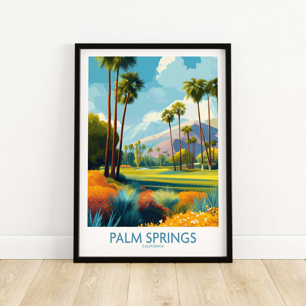 Colorful Palm Springs poster featuring vibrant garden and palm trees, capturing California's golf vacation spirit.