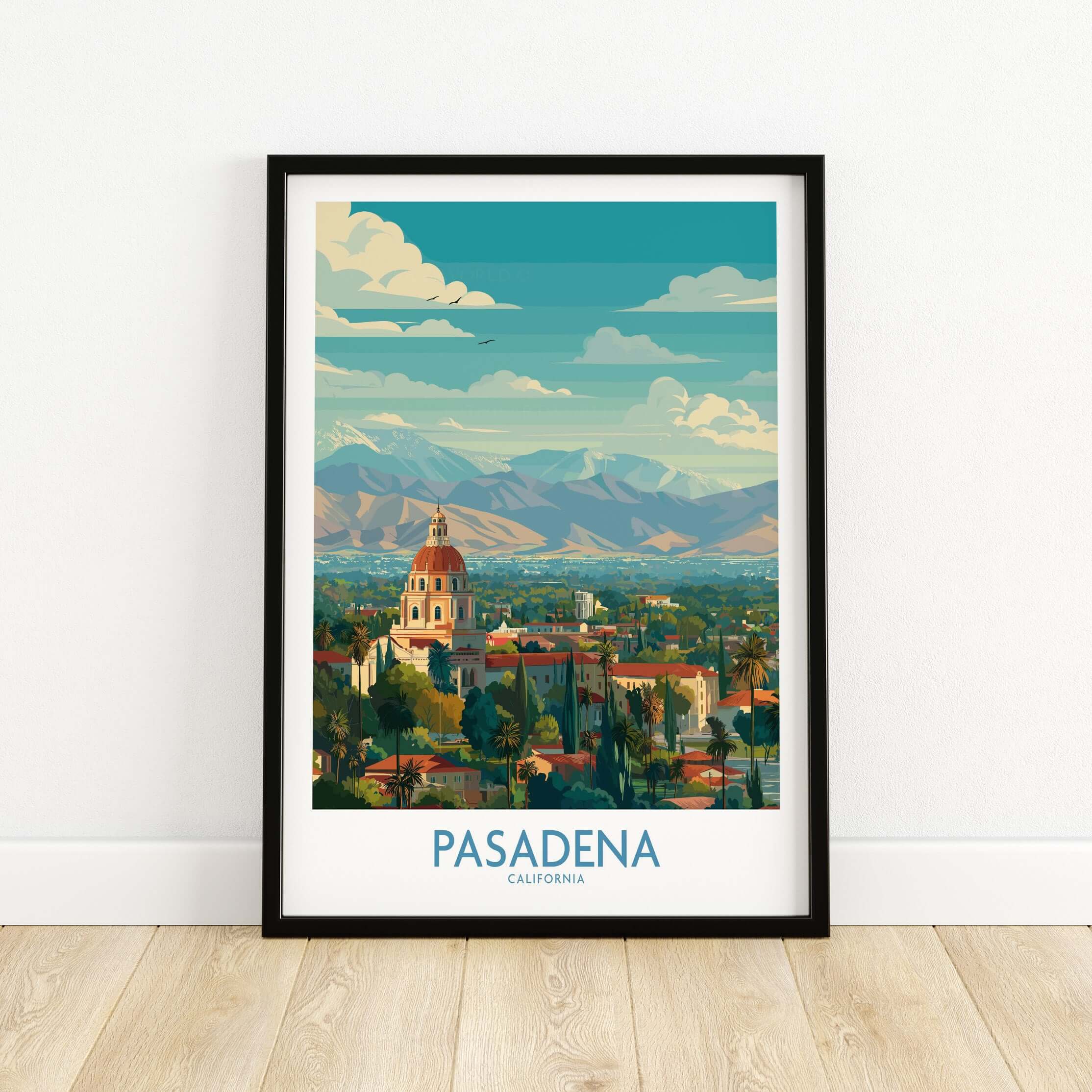 Pasadena California Skyline Wall Art Print featuring vibrant cityscape and mountains in a framed design.