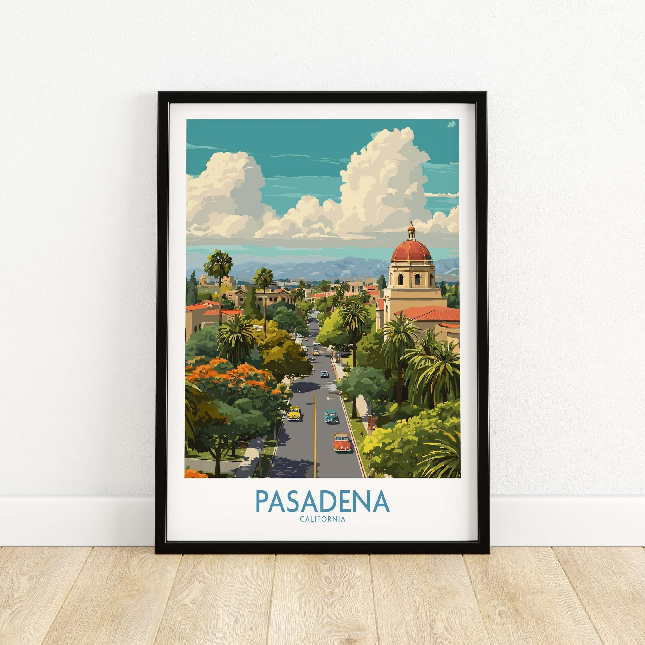 Pasadena Wall Art - California Travel Poster featuring vibrant city views and iconic landmarks.