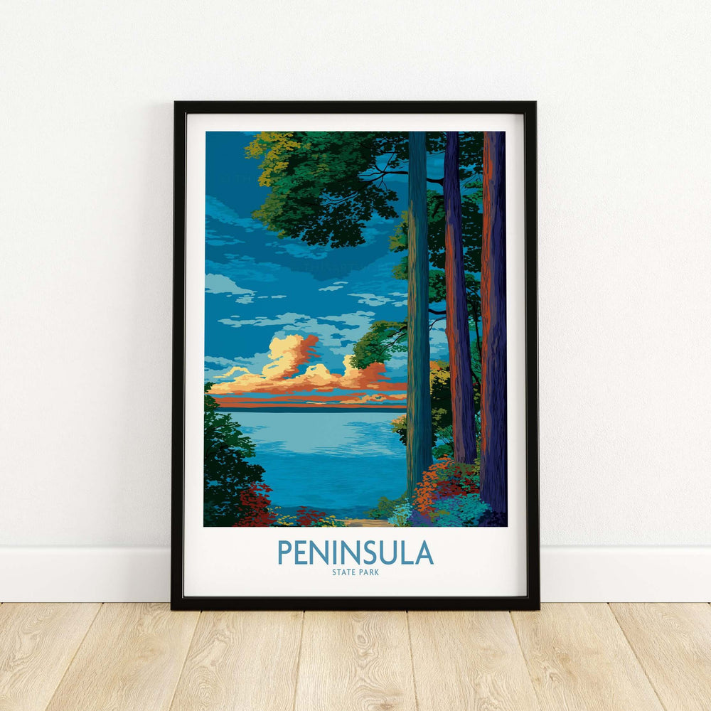 Vibrant landscape print of Peninsula State Park in Wisconsin featuring trees and colorful skies.