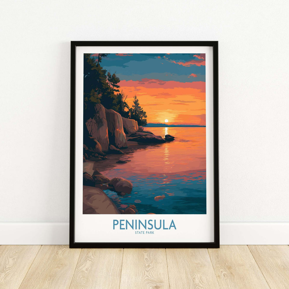 Peninsula State Park golden hour lake view poster showcasing a vibrant sunset in Wisconsin.