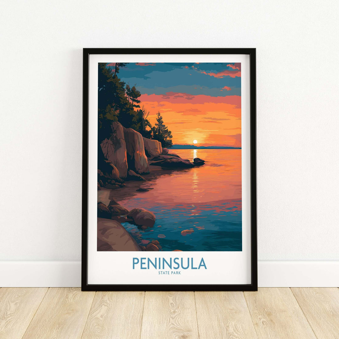 Peninsula State Park golden hour lake view poster showcasing a vibrant sunset in Wisconsin.