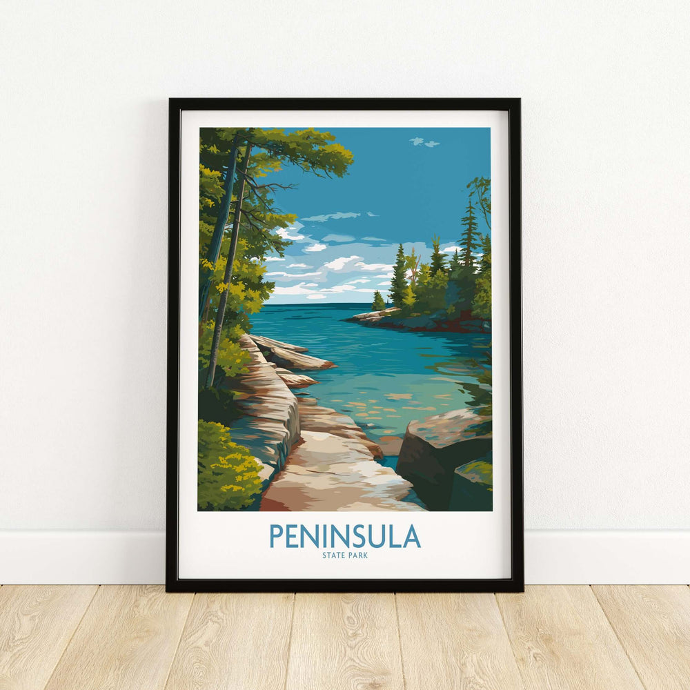 Framed wall art of Peninsula State Park showcasing a serene lake and lush greenery in Wisconsin.