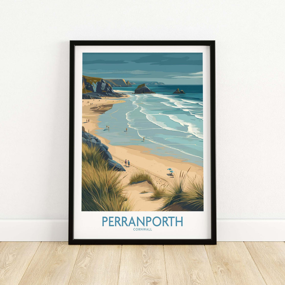 Perranporth Cornwall ocean waves seascape poster showcasing beach, cliffs, and vibrant coastal scenery.