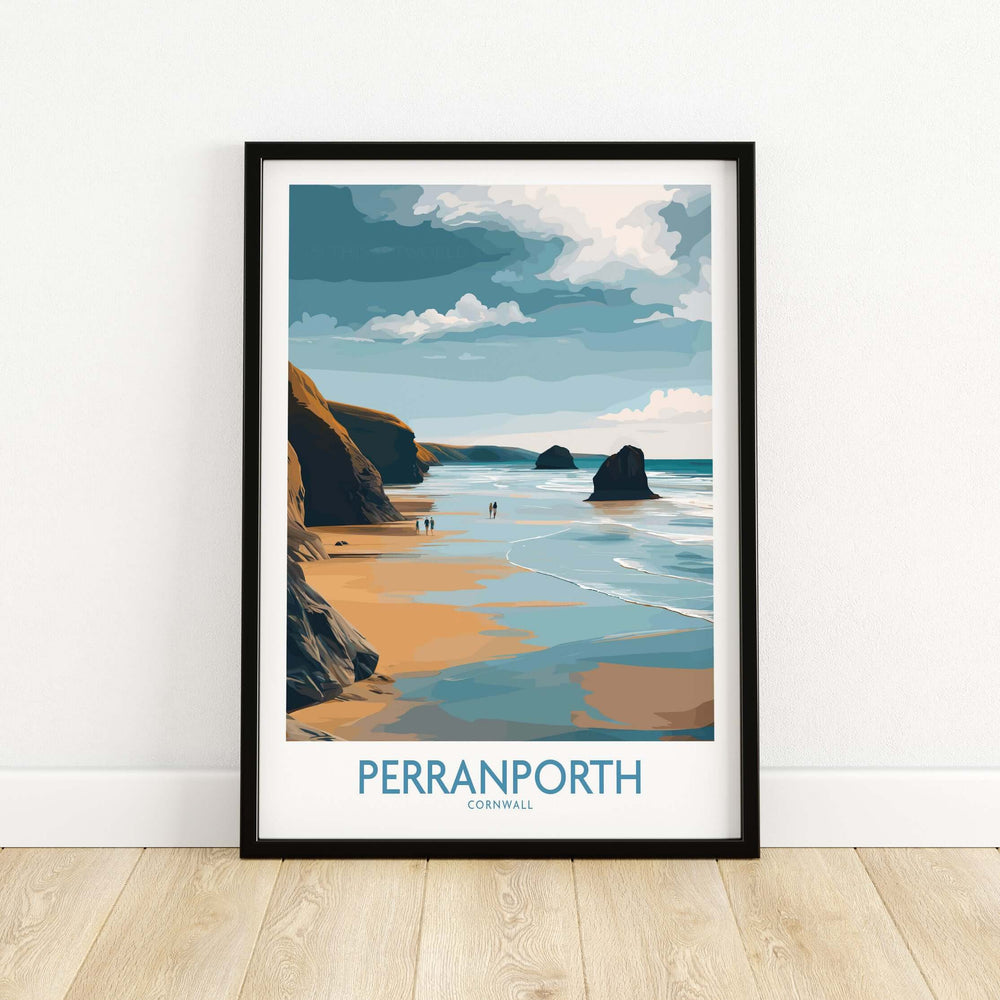 Perranporth Cornwall Ocean Walk wall art showcasing a scenic beach with footprints and waves, perfect for UK seaside decor.