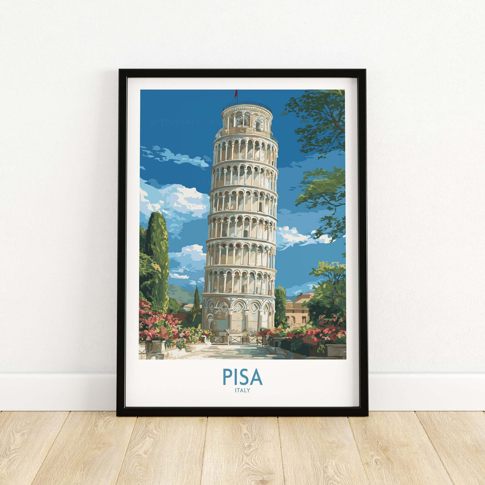 Pisa Italy Bell Tower travel wall art poster showcasing the Leaning Tower amidst vibrant flowers and blue sky.