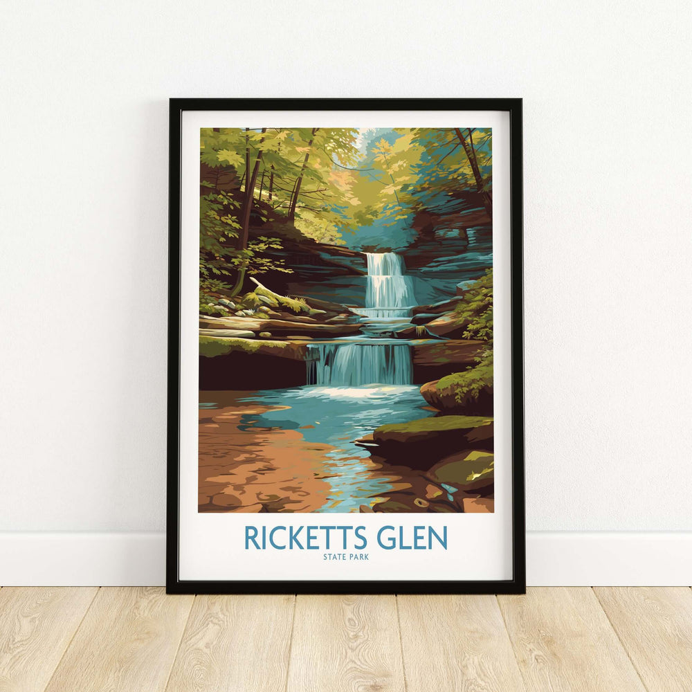 Ricketts Glen State Park waterfall poster showcasing vibrant forest scenery and cascading waters in Pennsylvania.
