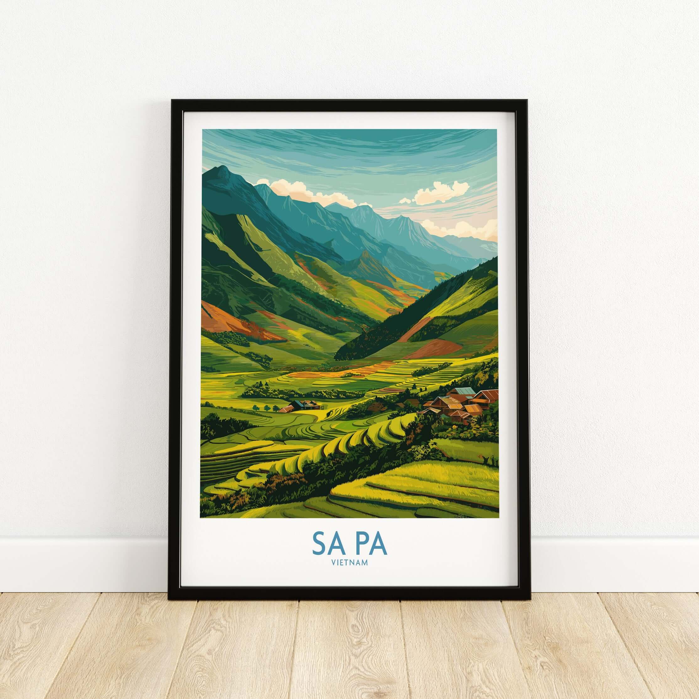 Sa Pa Vietnam Print - Rice Terrace Village Poster - Vietnamese Countryside Travel Print in a framed display.