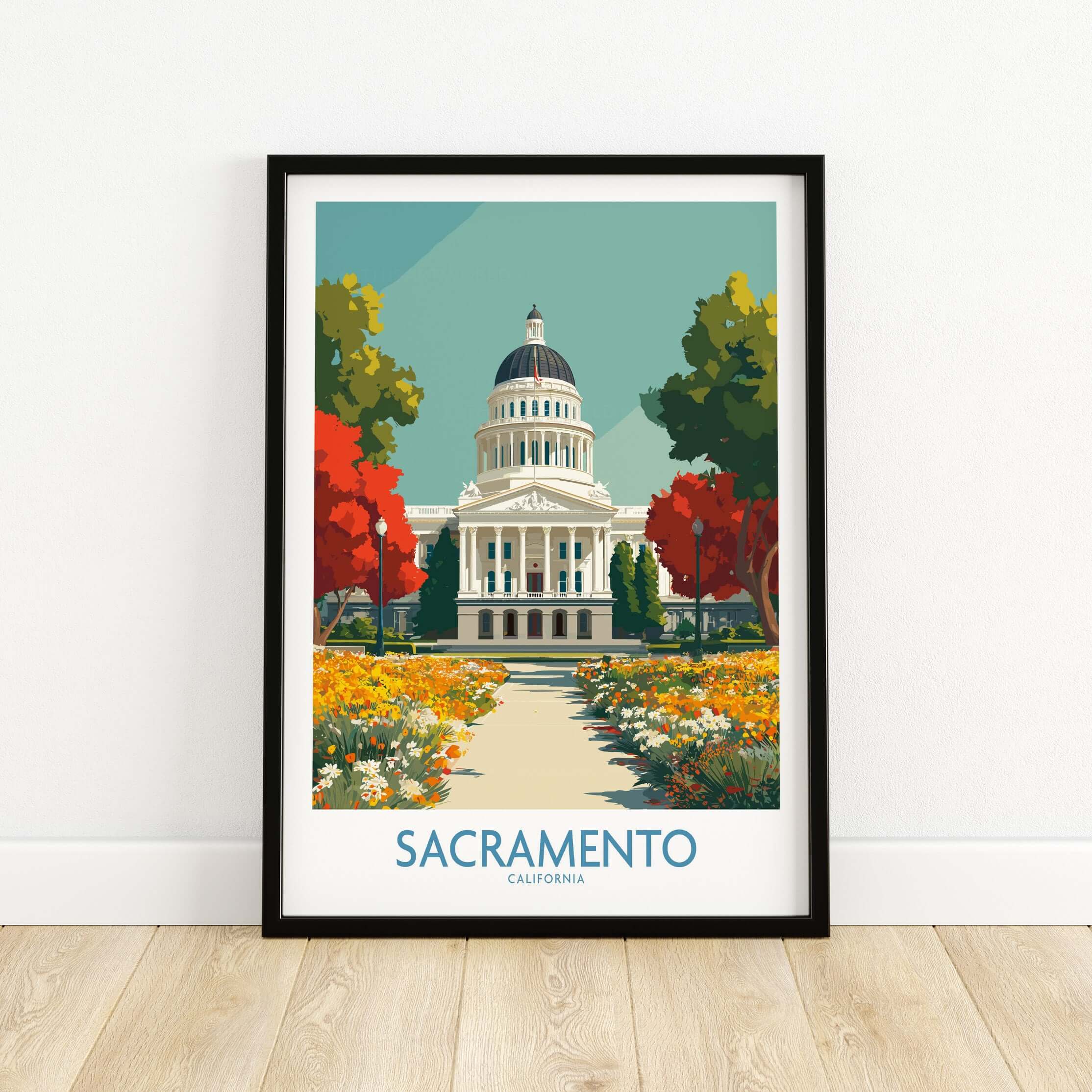 Sacramento California Capitol Poster - Historic Cityscape Print featuring the State Capitol building and colorful gardens.