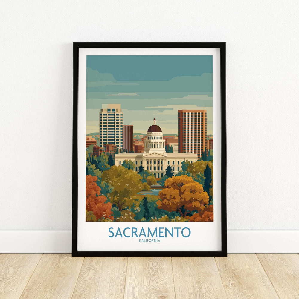 Sacramento California poster showcasing the city skyline and iconic landmarks with autumn foliage.
