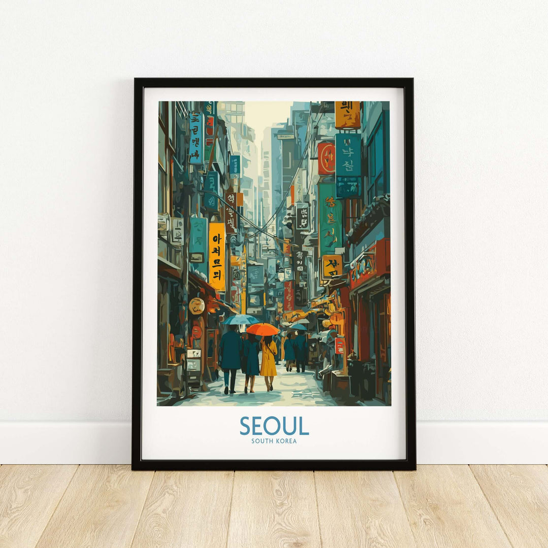 Seoul art print featuring vibrant city life with umbrellas and bustling streets in South Korea.
