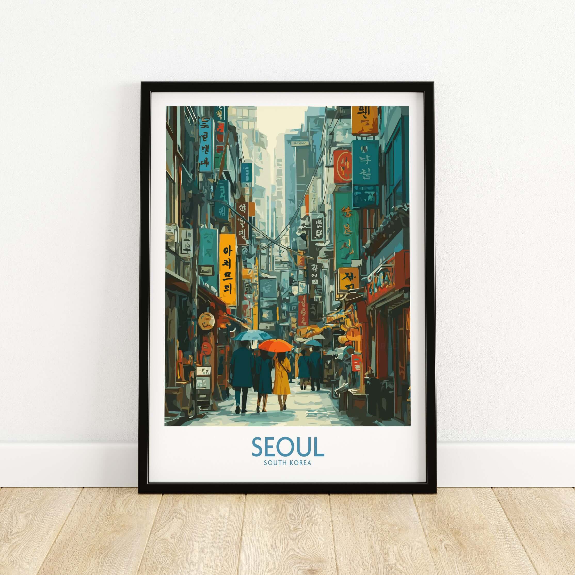 Seoul Poster South Korea - Vibrant City Life Art Print showcasing a bustling street scene with umbrellas.