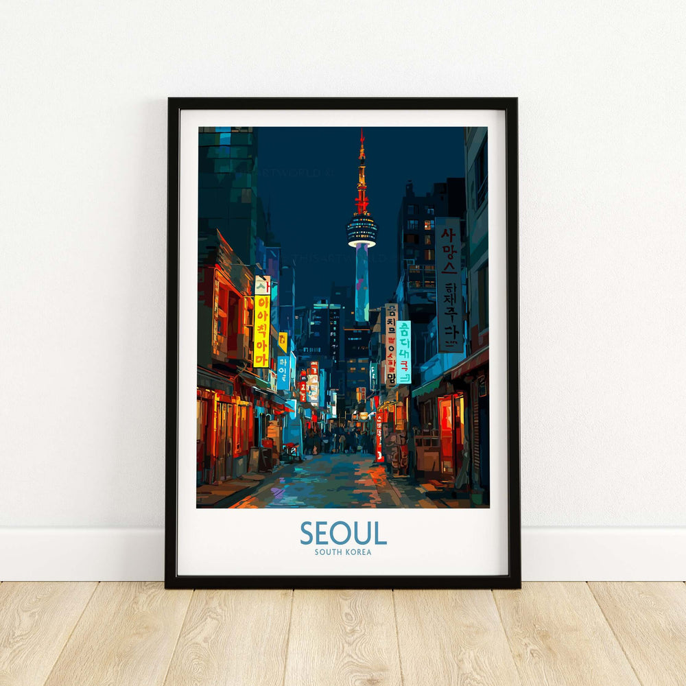 Seoul South Korea wall art featuring vibrant cityscape print with iconic tower and neon signs.