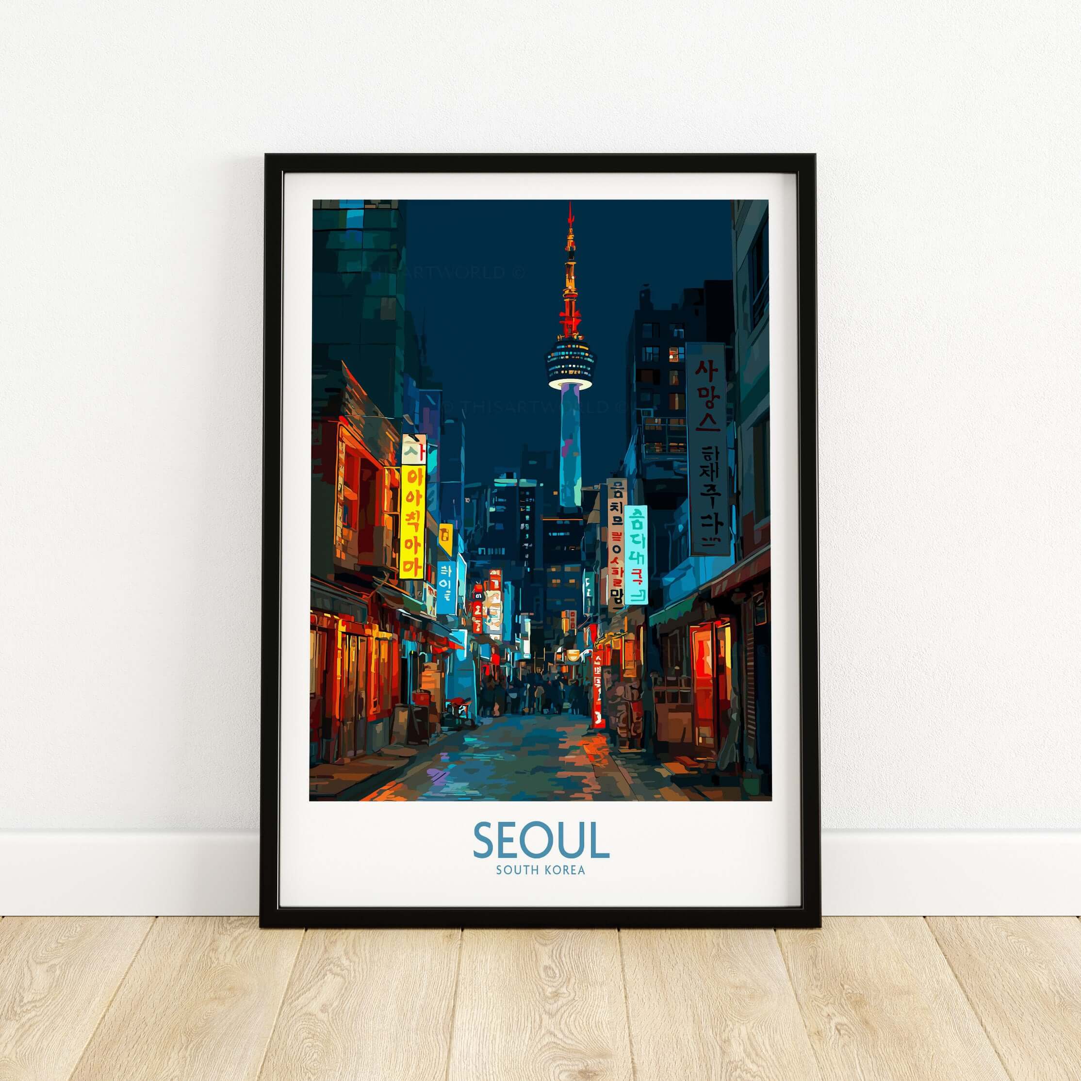 Seoul South Korea Wall Art - Korean Cityscape Print featuring a vibrant urban scene at night.