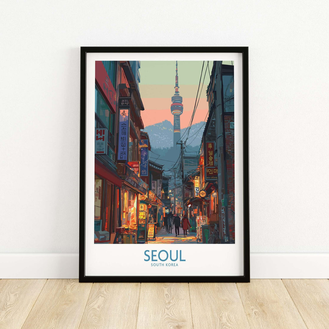 Seoul South Korea nightlife poster featuring urban streets and Namsan Tower at dusk, vibrant travel print