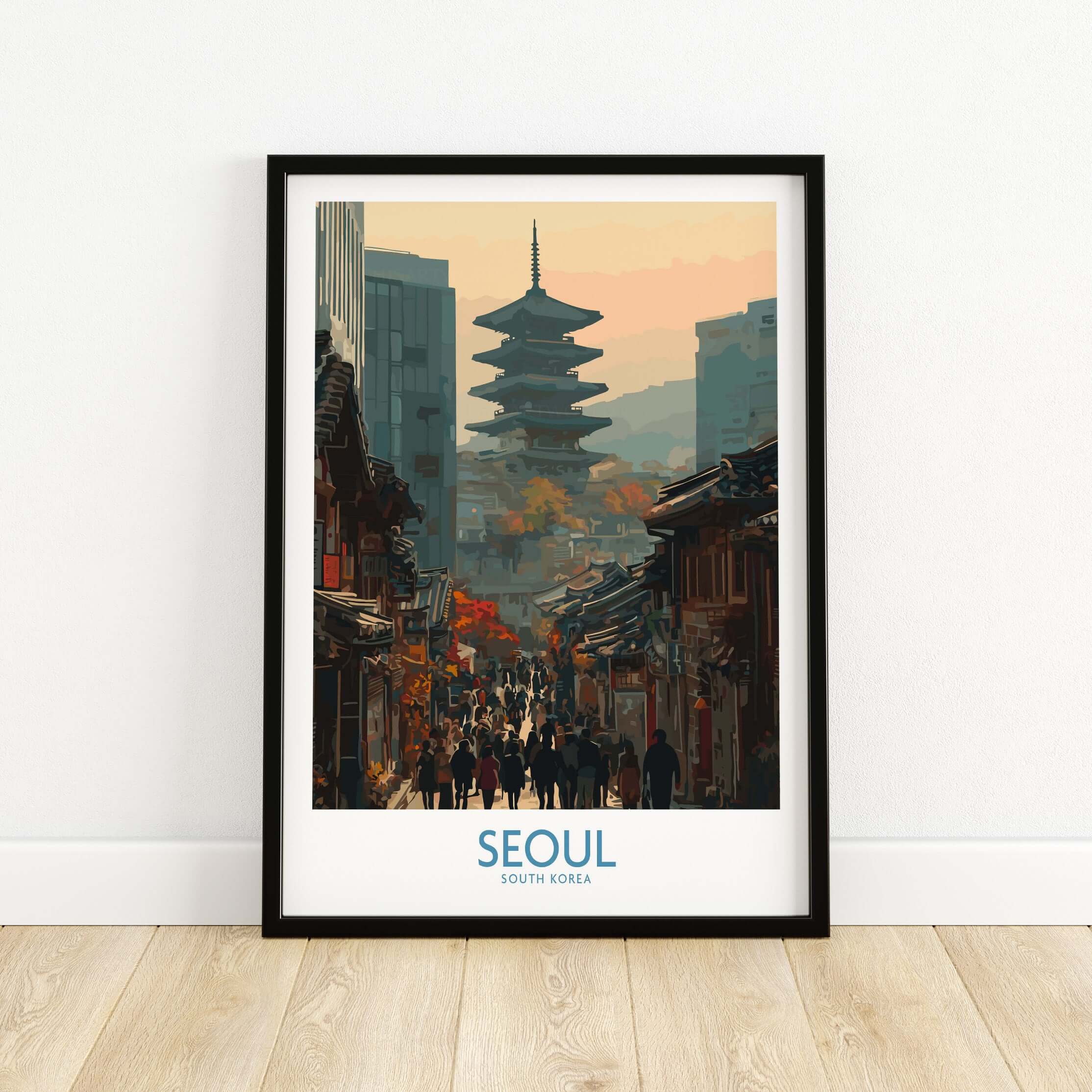Seoul South Korea Old Town Skyline Wall Art showcasing a vibrant street and pagoda against a soft sunset backdrop.
