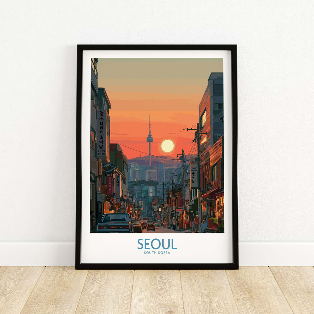 Seoul South Korea wall art featuring iconic skyline and sunset, perfect for urban art lovers and travelers.
