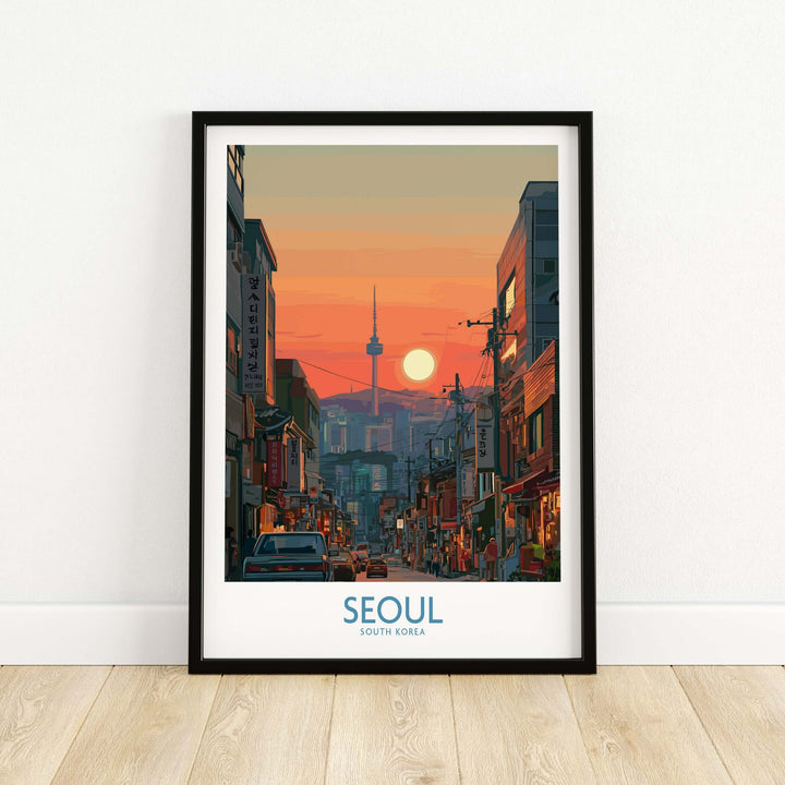 Seoul South Korea wall art featuring iconic skyline and sunset, perfect for urban art lovers and travelers.