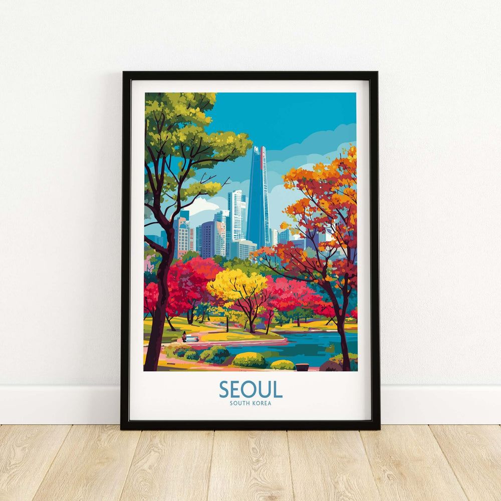 Seoul South Korea city park skyline poster featuring vibrant trees and urban architecture.