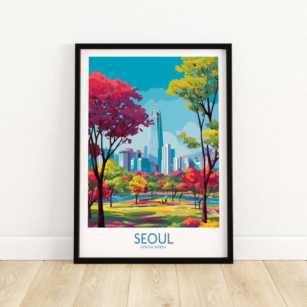 Framed Seoul Wall Art print featuring a vibrant cityscape with autumn trees in South Korea.
